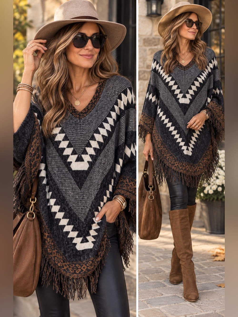 VALENTI Southwestern Fringe Poncho Sweater Aztec Boho Western Oversized M